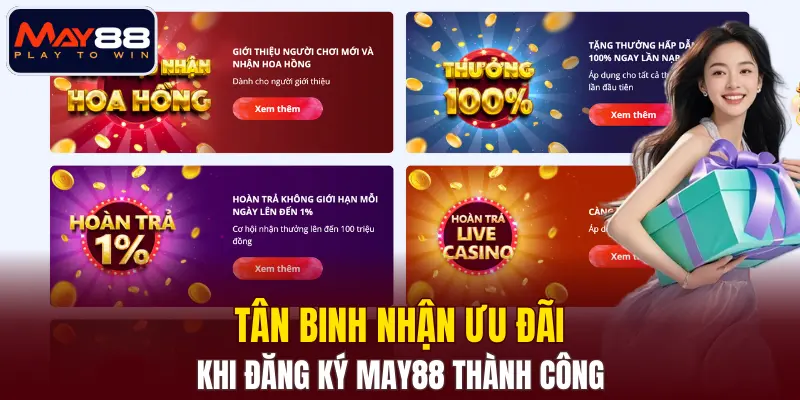 Tân binh nhận ưu đãi khi đăng ký MAY88 thành công Tân binh nhận ưu đãi khi đăng ký MAY88 thành công